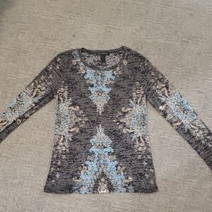 INC International Concepts Gray and Blue Long Sleeve Blouse